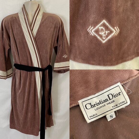 VTG Christian Dior Lounge Wear Velvet Robe Velour Long Embroidered SMALL - Picture 1 of 7